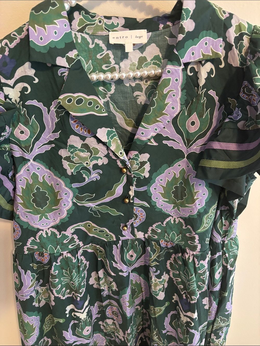 Entro Multi Print Cotton Midi Dress L Green Paisley Flutter Sleeve d27331 - Picture 3 of 7
